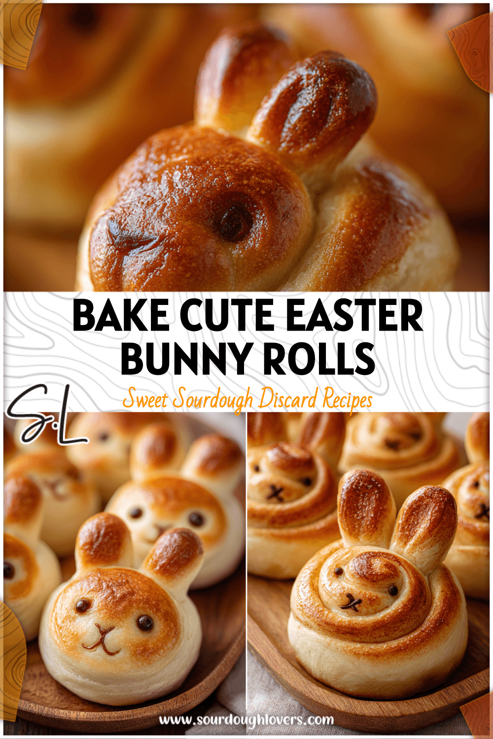 Golden brown Easter bunny-shaped sourdough cinnamon rolls on a wooden tray made with a sourdough bread starter.
